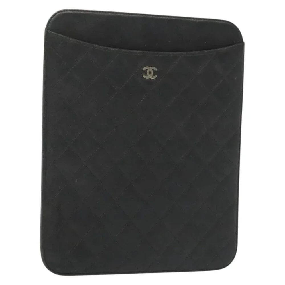 CHANEL Matelasse iPad Case Lamb Skin Black Silver CC Auth 141696